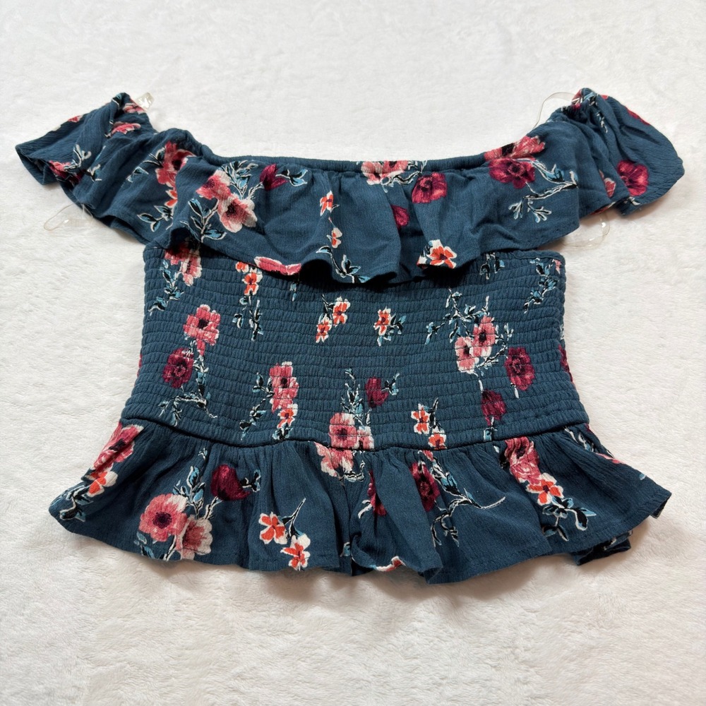 B.O.G Collective Floral Smocked Top Women Medium Teal Blue Excellent Boho Ruffle